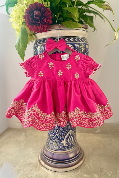 Rage Attire-Sweta Saria Pink Embroidery Rani Dress And Hair Bow 