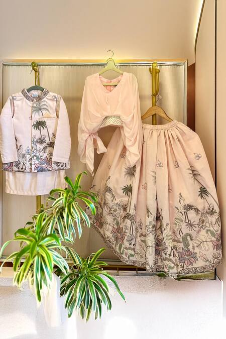 Rage Attire-Sweta Saria_Peach Organza Embroidery Ruched Top And Lehenga Set_Online_at_Aza_Fashions