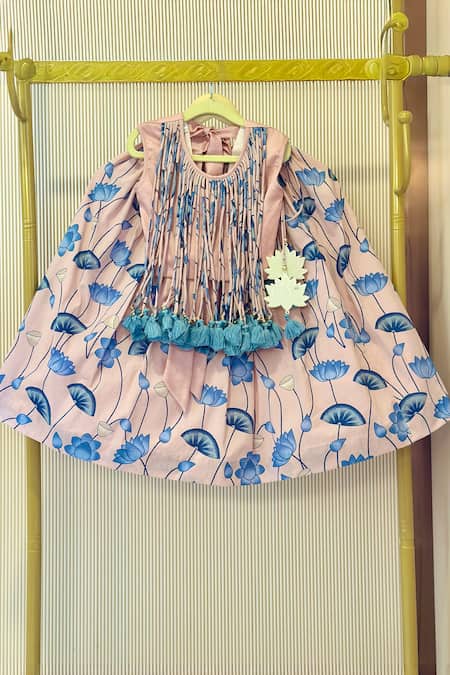 Shop Rage Attire-Sweta Saria Peach Cotton Tassels Floral Print Lehenga Set at Aza Fashions Shop_Rage Attire-Sweta Saria_Peach Cotton Tassels Floral Print Lehenga Set _at_Aza_Fashions