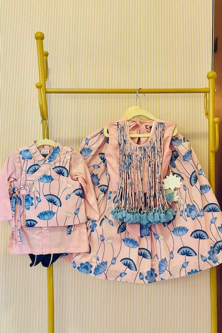 Shop Rage Attire-Sweta Saria Peach Cotton Tassels Floral Print Lehenga Set Online at Aza Fashions Shop_Rage Attire-Sweta Saria_Peach Cotton Tassels Floral Print Lehenga Set _Online_at_Aza_Fashions