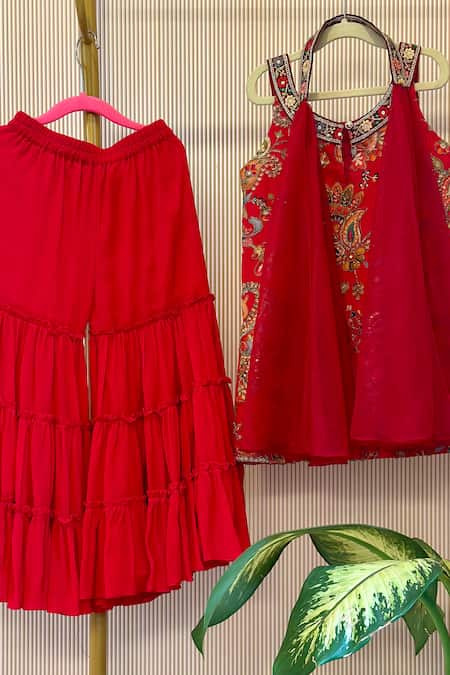 Rage Attire-Sweta Saria_Red Organza Designer Kurta Sharara Set _Online_at_Aza_Fashions