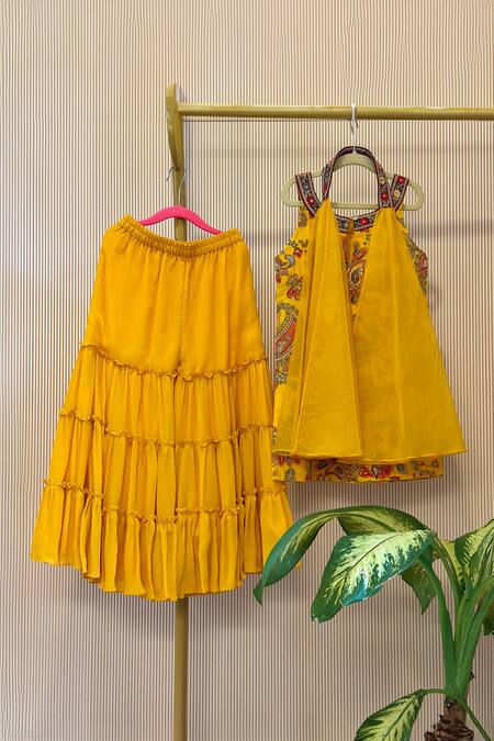 Rage Attire-Sweta Saria_Yellow Organza Embroidery Printed Kurta Sharara Set _Online_at_Aza_Fashions