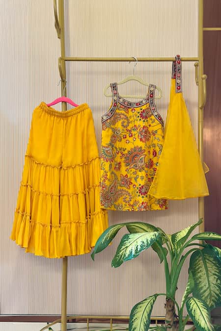 Rage Attire-Sweta Saria Yellow Organza Embroidery Printed Kurta Sharara Set 