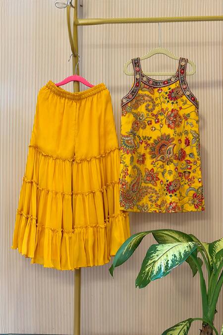 Buy_Rage Attire-Sweta Saria_Yellow Organza Embroidery Printed Kurta Sharara Set _Online_at_Aza_Fashions