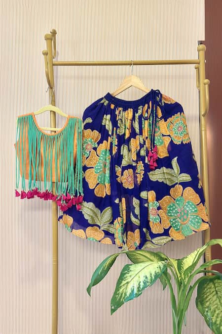Rage Attire-Sweta Saria Blue Bamboo Fringe, Pom-poms Floral Print Lehenga And Top Set 
