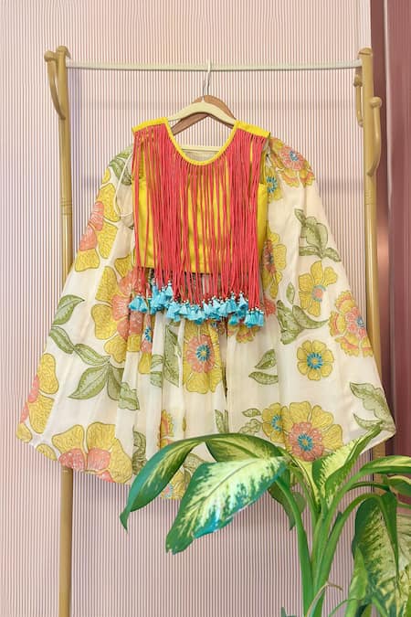 Rage Attire-Sweta Saria Floral Print Lehenga & Fringed Top Set 