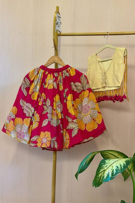 Rage Attire-Sweta Saria_Pink Embroidery, Fringe Floral Print Top And Lehenga Set_Online_at_Aza_Fashions