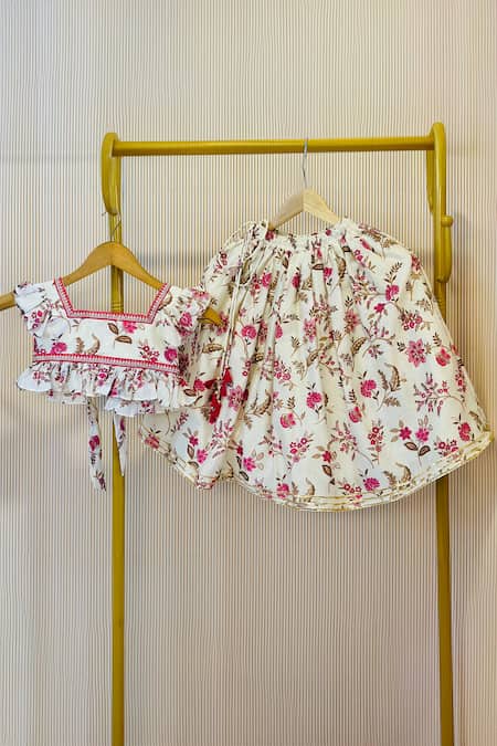 Rage Attire-Sweta Saria White Embroidery Floral Print Girls Lehenga Set 