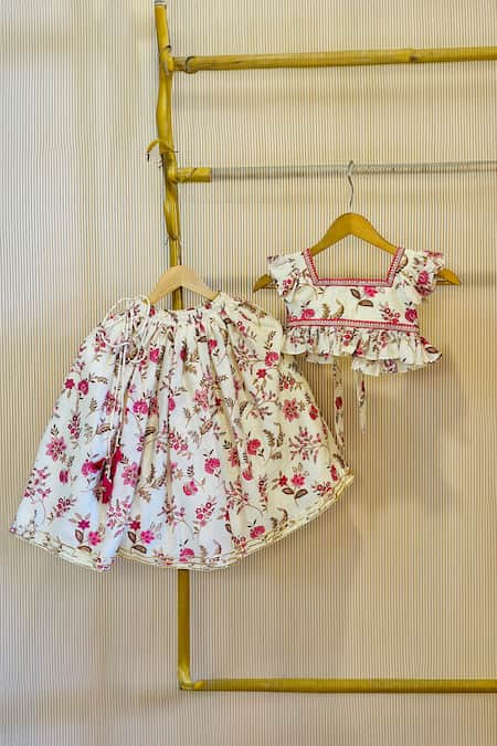 Buy_Rage Attire-Sweta Saria_White Embroidery Floral Print Girls Lehenga Set _Online_at_Aza_Fashions