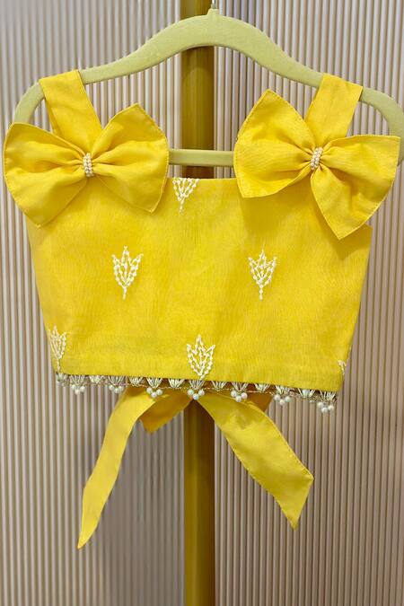 Buy_Rage Attire-Sweta Saria_Yellow Fabric Flowers, Pearls, Bows Embroidered Lehenga And Blouse Set _Online_at_Aza_Fashions