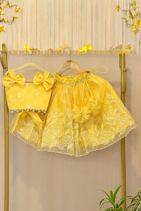 Rage Attire-Sweta Saria Yellow Fabric Flowers, Pearls, Bows Embroidered Lehenga And Blouse Set