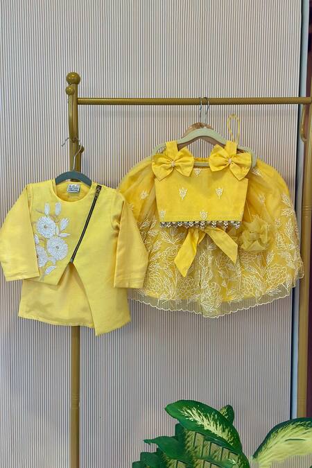 Shop_Rage Attire-Sweta Saria_Yellow Fabric Flowers, Pearls, Bows Embroidered Lehenga And Blouse Set _Online_at_Aza_Fashions