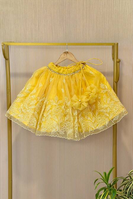 Rage Attire-Sweta Saria_Yellow Fabric Flowers, Pearls, Bows Embroidered Lehenga And Blouse Set _at_Aza_Fashions