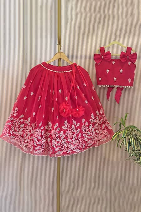 Rage Attire-Sweta Saria_Red Organza, Silk Fabric Flowers, Bows Lehenga And Blouse Set _Online_at_Aza_Fashions