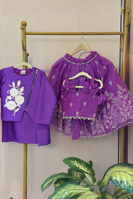 Shop_Rage Attire-Sweta Saria_Purple Organza, Silk Bows Lehenga And Blouse Set _Online_at_Aza_Fashions