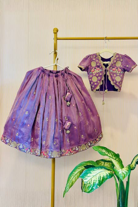 Rage Attire-Sweta Saria_Purple Tassels, Embroidery Foil Tissue Jacket And Lehenga Set _Online_at_Aza_Fashions