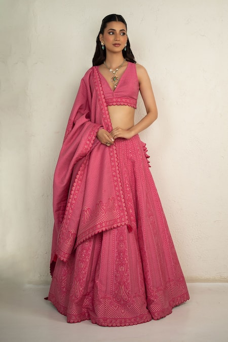 Safaa Pink Vegan Silk Embroidery V-neck Designer Rosalie Lehenga Set Online at Aza Fashions Safaa_Pink Vegan Silk Embroidery V-neck Designer Rosalie Lehenga Set _Online_at_Aza_Fashions