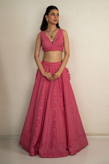 Buy Safaa Pink Vegan Silk Embroidery V-neck Designer Rosalie Lehenga Set Online at Aza Fashions Buy_Safaa_Pink Vegan Silk Embroidery V-neck Designer Rosalie Lehenga Set _Online_at_Aza_Fashions