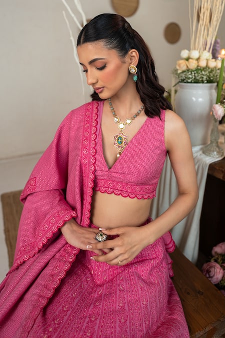 Shop Safaa Pink Vegan Silk Embroidery V-neck Designer Rosalie Lehenga Set Online at Aza Fashions Shop_Safaa_Pink Vegan Silk Embroidery V-neck Designer Rosalie Lehenga Set _Online_at_Aza_Fashions