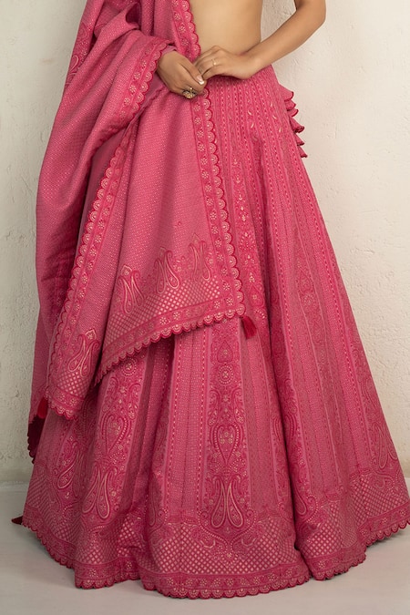 Safaa Pink Vegan Silk Embroidery V-neck Designer Rosalie Lehenga Set at Aza Fashions Safaa_Pink Vegan Silk Embroidery V-neck Designer Rosalie Lehenga Set _at_Aza_Fashions