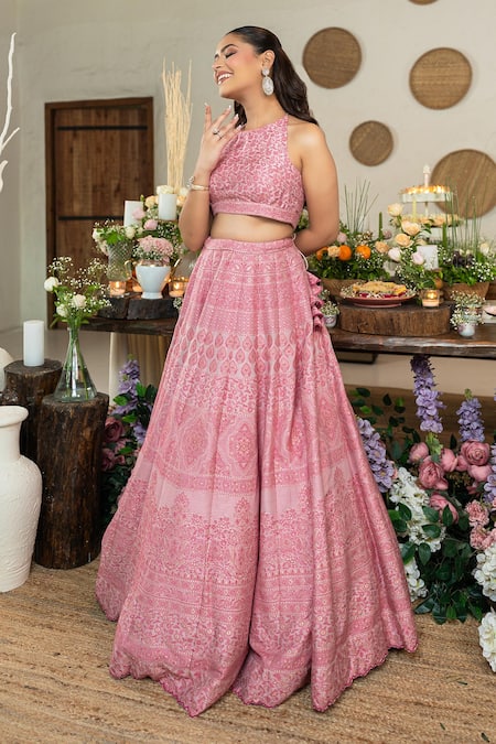 Buy Safaa Pink Vegan Silk Sequins, Embroidery Halter Neck Primrose Lehenga Set Online at Aza Fashions Buy_Safaa_Pink Vegan Silk Sequins, Embroidery Halter Neck Primrose Lehenga Set _Online_at_Aza_Fashions