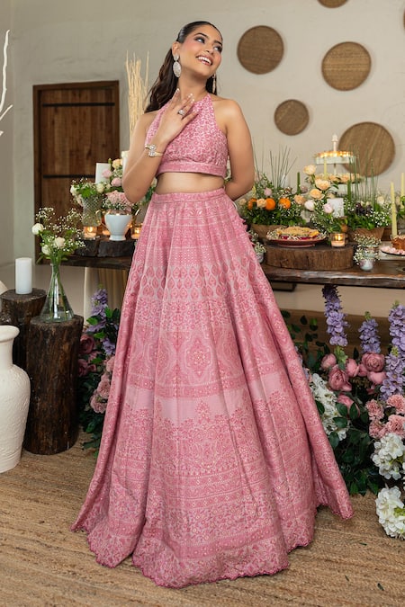 Shop Safaa Pink Vegan Silk Sequins, Embroidery Halter Neck Primrose Lehenga Set Online at Aza Fashions Shop_Safaa_Pink Vegan Silk Sequins, Embroidery Halter Neck Primrose Lehenga Set _Online_at_Aza_Fashions