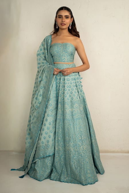 Safaa_Aqua Vegan Silk Embroidery Blue Esme Lehenga Set _Online_at_Aza_Fashions