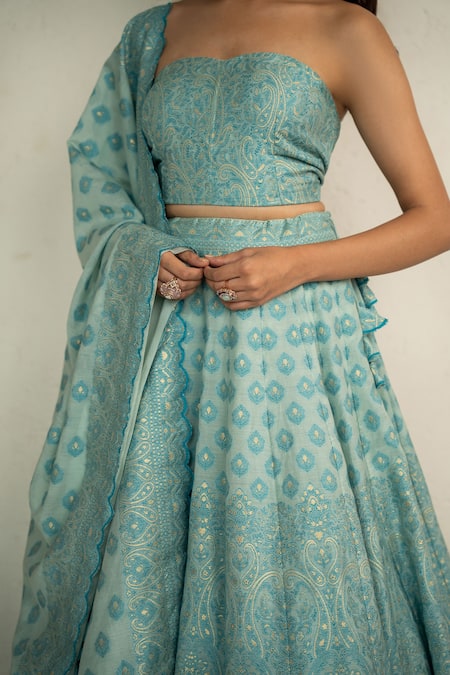 Buy_Safaa_Aqua Vegan Silk Embroidery Blue Esme Lehenga Set _Online_at_Aza_Fashions