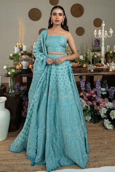 Shop_Safaa_Aqua Vegan Silk Embroidery Blue Esme Lehenga Set _Online_at_Aza_Fashions