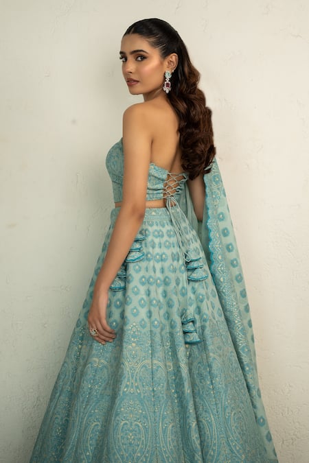 Safaa_Aqua Vegan Silk Embroidery Blue Esme Lehenga Set _at_Aza_Fashions