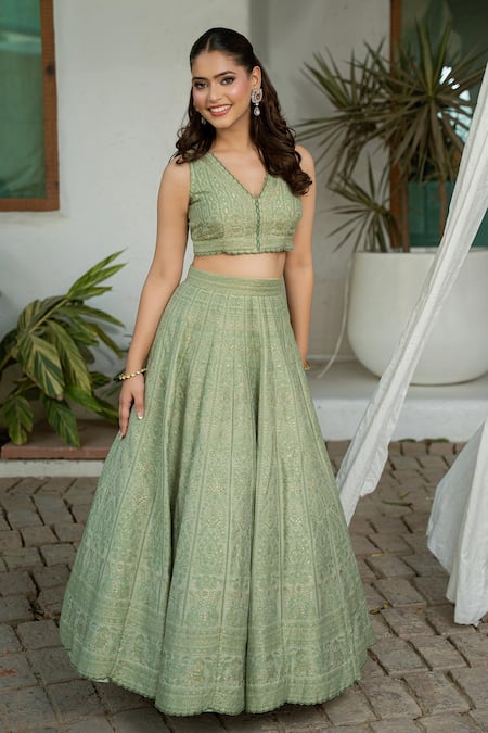 Safaa Green Vegan Silk V-neck Ivy Sage Lehenga Set Online at Aza Fashions Safaa_Green Vegan Silk V-neck Ivy Sage Lehenga Set _Online_at_Aza_Fashions