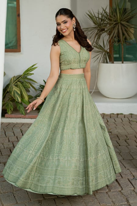 Buy Safaa Green Vegan Silk V-neck Ivy Sage Lehenga Set Online at Aza Fashions Buy_Safaa_Green Vegan Silk V-neck Ivy Sage Lehenga Set _Online_at_Aza_Fashions