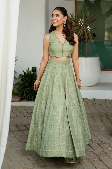 Shop Safaa Green Vegan Silk V-neck Ivy Sage Lehenga Set Online at Aza Fashions Shop_Safaa_Green Vegan Silk V-neck Ivy Sage Lehenga Set _Online_at_Aza_Fashions