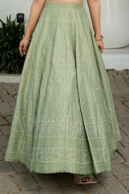 Buy Safaa Green Vegan Silk V-neck Ivy Sage Lehenga Set Buy_Safaa_Green Vegan Silk V-neck Ivy Sage Lehenga Set