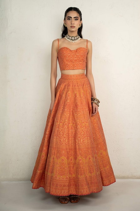 Safaa Orange Vegan Silk Embroidery Sweetheart Neck Tangerine Vivienne Lehenga Set Online at Aza Fashions Safaa_Orange Vegan Silk Embroidery Sweetheart Neck Tangerine Vivienne Lehenga Set _Online_at_Aza_Fashions