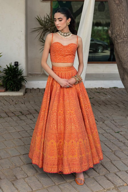 Shop Safaa Orange Vegan Silk Embroidery Sweetheart Neck Tangerine Vivienne Lehenga Set Online at Aza Fashions Shop_Safaa_Orange Vegan Silk Embroidery Sweetheart Neck Tangerine Vivienne Lehenga Set _Online_at_Aza_Fashions