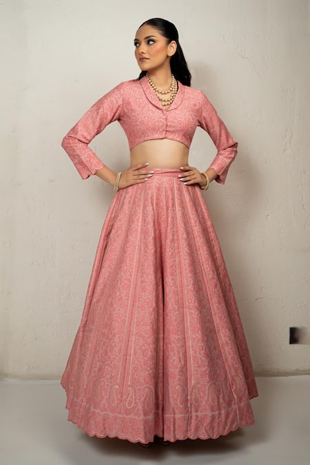 Safaa Peach Vegan Silk Embroidery Collared Celine Lehenga And Blouse Set Online at Aza Fashions Safaa_Peach Vegan Silk Embroidery Collared Celine Lehenga And Blouse Set _Online_at_Aza_Fashions