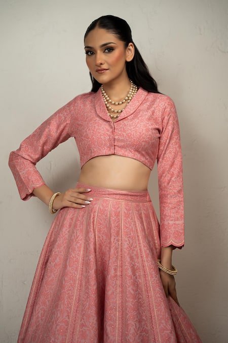 Shop Safaa Peach Vegan Silk Embroidery Collared Celine Lehenga And Blouse Set Online at Aza Fashions Shop_Safaa_Peach Vegan Silk Embroidery Collared Celine Lehenga And Blouse Set _Online_at_Aza_Fashions