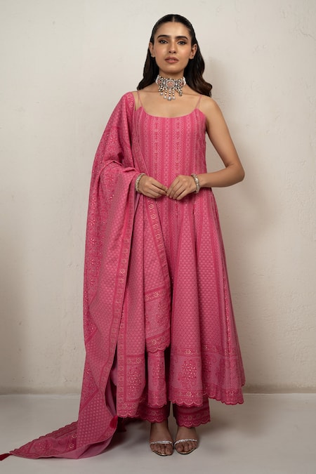 Shop_Safaa_Fuchsia Vegan Silk Embroidery Scoop Neck Pink Designer Anarkali Set _Online_at_Aza_Fashions