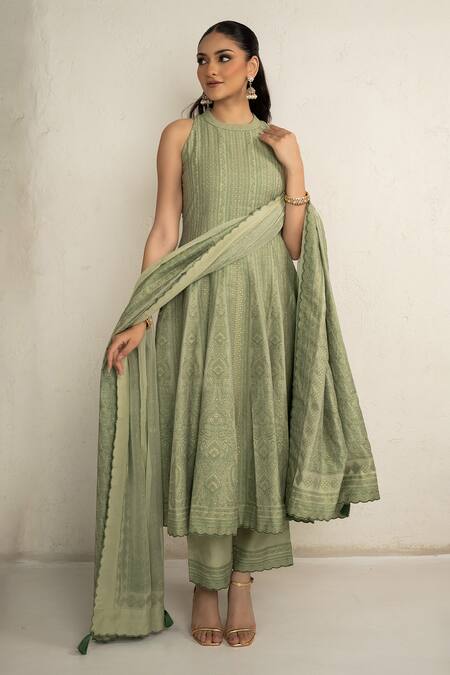 Safaa_Green Vegan Silk, Shantoon Embroidery Round Neck Sage Ailsa Anarkali Set _Online_at_Aza_Fashions