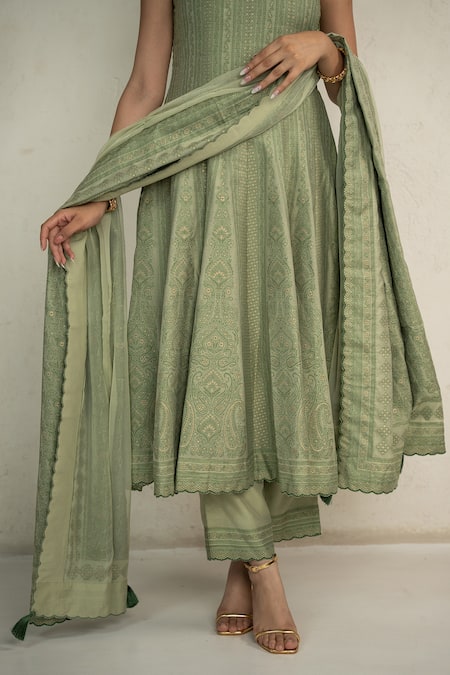 Shop_Safaa_Green Vegan Silk, Shantoon Embroidery Round Neck Sage Ailsa Anarkali Set _Online_at_Aza_Fashions