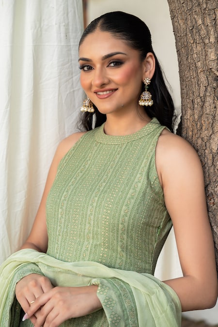 Safaa_Green Vegan Silk, Shantoon Embroidery Round Neck Sage Ailsa Anarkali Set _at_Aza_Fashions