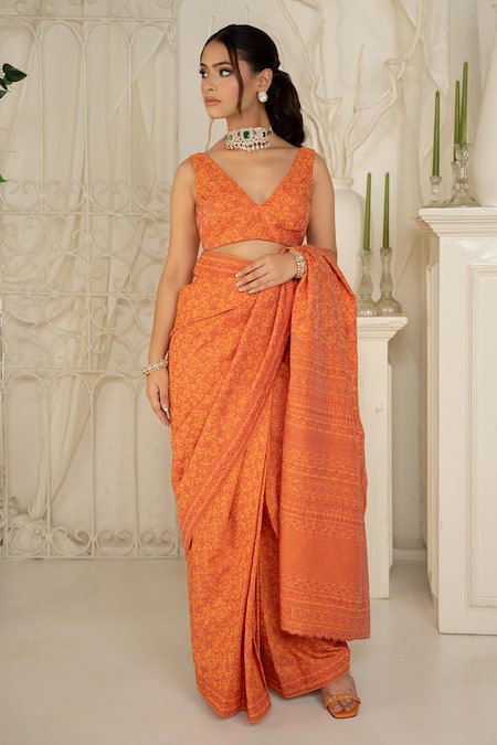 Safaa Orange Shantoon V-neck Coraline Moonga Silk Saree Set