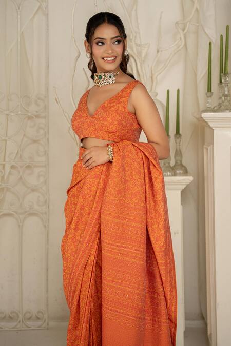 Safaa_Orange Shantoon V-neck Coraline Moonga Silk Saree Set _Online_at_Aza_Fashions