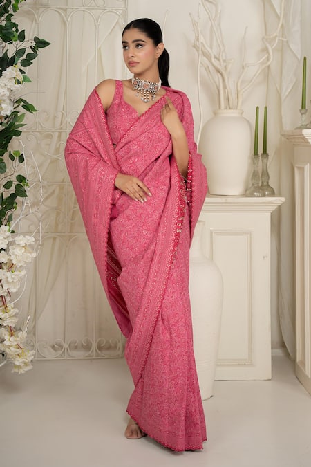 Shop_Safaa_Fuchsia Shantoon Embroidery Plunge Neck Pink Moonga Silk Rosa Saree _Online_at_Aza_Fashions
