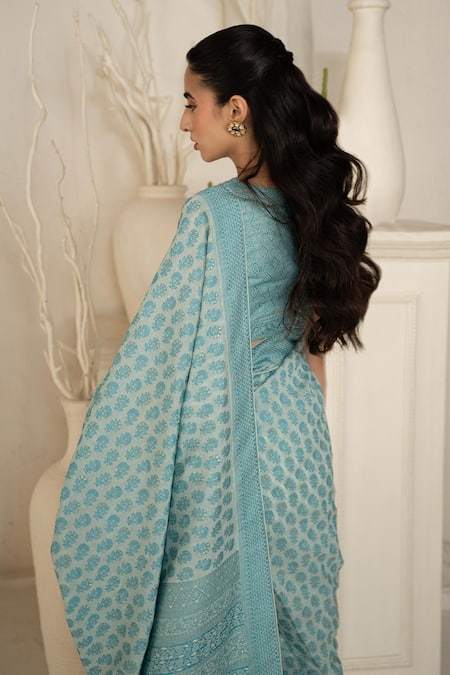 Shop Safaa Aqua Shantoon Embroidery Camilla Blue Moonga Silk Saree Set at Aza Fashions Shop_Safaa_Aqua Shantoon Embroidery Camilla Blue Moonga Silk Saree Set _at_Aza_Fashions