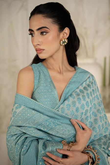 Safaa Aqua Shantoon Embroidery Camilla Blue Moonga Silk Saree Set Online at Aza Fashions Safaa_Aqua Shantoon Embroidery Camilla Blue Moonga Silk Saree Set _Online_at_Aza_Fashions