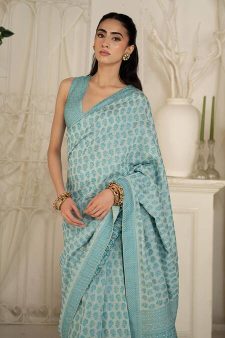 Shop Safaa Aqua Shantoon Embroidery Camilla Blue Moonga Silk Saree Set Online at Aza Fashions Shop_Safaa_Aqua Shantoon Embroidery Camilla Blue Moonga Silk Saree Set _Online_at_Aza_Fashions