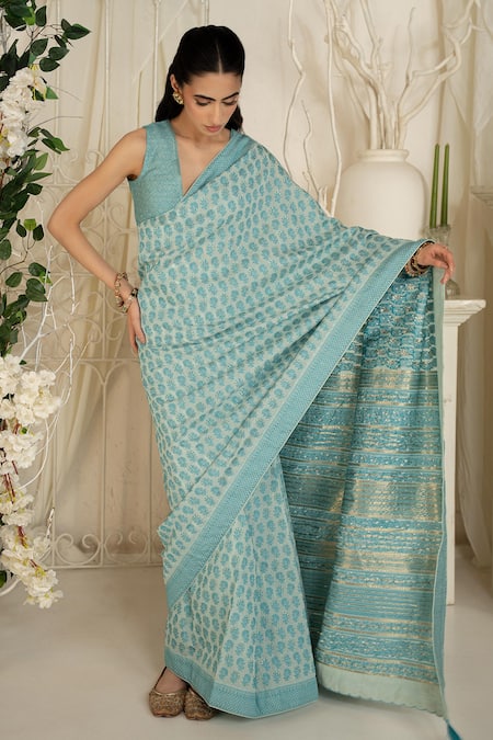 Safaa Camilla Aqua Blue Moonga Silk Saree Set 