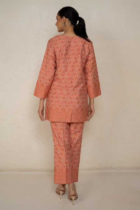Shop Safaa Orange Shantoon Embroidery Round Neck Designer Moonga Silk Kurta Pant Set at Aza Fashions Shop_Safaa_Orange Shantoon Embroidery Round Neck Designer Moonga Silk Kurta Pant Set _at_Aza_Fashions